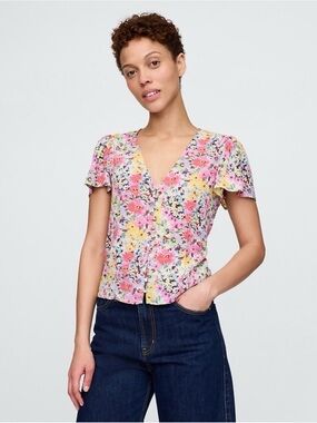 GAP Floral Button-Front Blouse in Pink, Yellow & Green